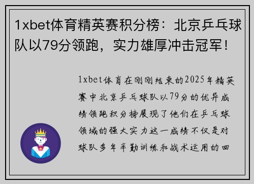 1xbet体育精英赛积分榜：北京乒乓球队以79分领跑，实力雄厚冲击冠军！